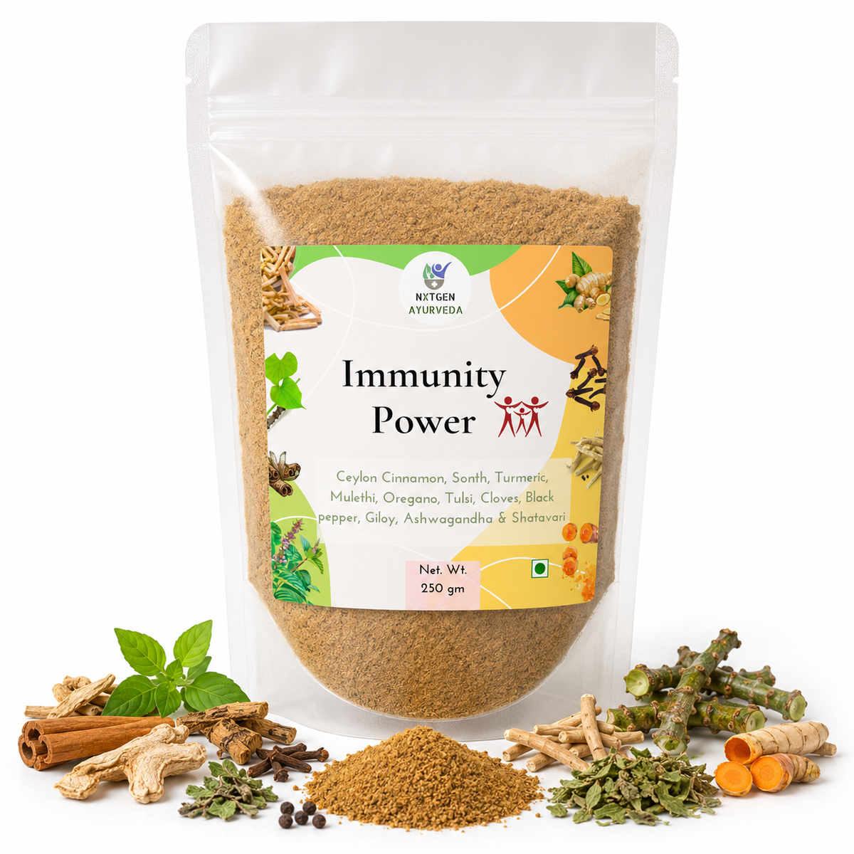 Premium Immunity Power Powder in a transparent stand-up pouch with a blend of traditional herbs and spices for everyday wellness.