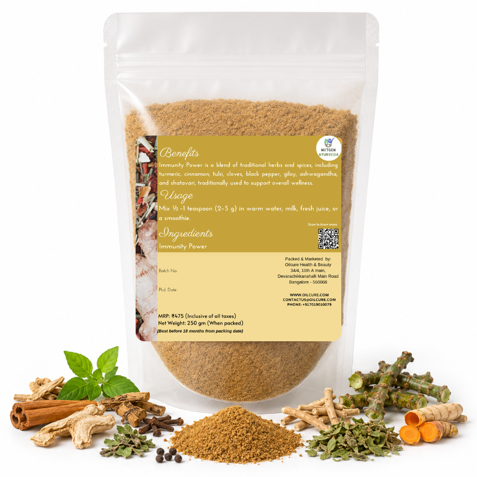 Premium Immunity Power Powder in a transparent stand-up pouch with a blend of traditional herbs and spices for everyday wellness.
