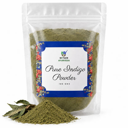 Pure Indigo Powder in a transparent stand-up pouch with finely ground natural indigo powder for traditional hair coloring and natural dyeing.