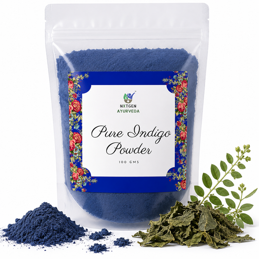 Pure Indigo Powder in a transparent stand-up pouch with finely ground natural indigo powder for traditional hair coloring and natural dyeing.