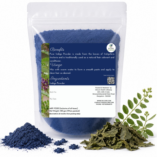 Pure Indigo Powder in a transparent stand-up pouch with finely ground natural indigo powder for traditional hair coloring and natural dyeing.