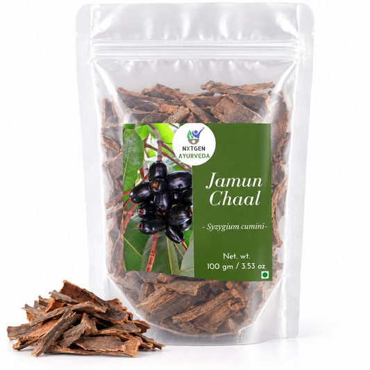 Premium Jamun Chaal in a transparent stand-up pouch with naturally dried Jamun tree bark for traditional Ayurvedic and herbal use.