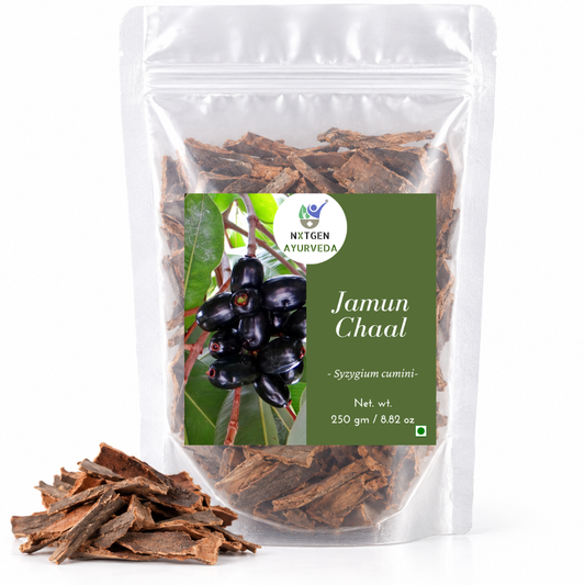 Premium Jamun Chaal in a transparent stand-up pouch with naturally dried Jamun tree bark for traditional Ayurvedic and herbal use.