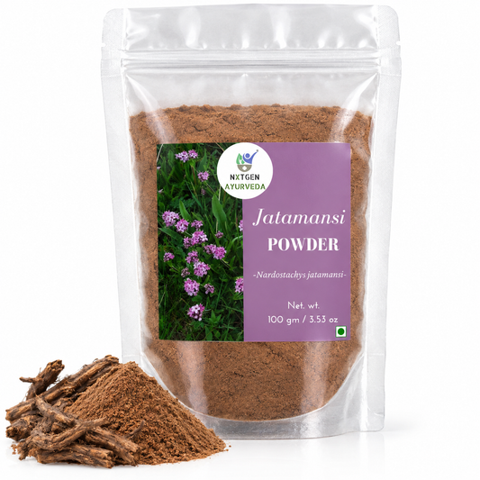 Premium Jatamansi Powder in a transparent stand-up pouch with finely ground Nardostachys jatamansi root powder for traditional Ayurvedic and herbal use.