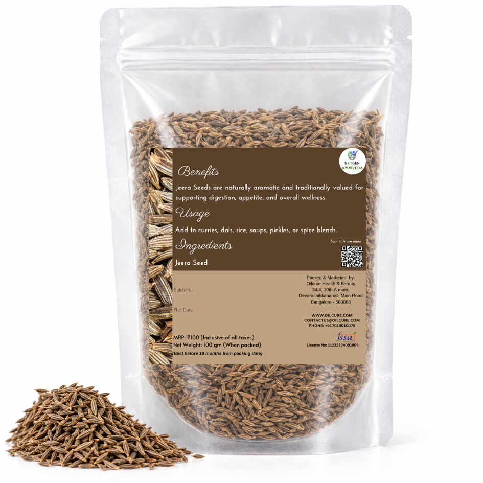Premium Jeera Seeds (Cumin Seeds) in a transparent stand-up pouch with whole aromatic seeds for cooking, seasoning, and traditional culinary use.