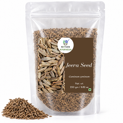 Premium Jeera Seeds (Cumin Seeds) in a transparent stand-up pouch with whole aromatic seeds for cooking, seasoning, and traditional culinary use.