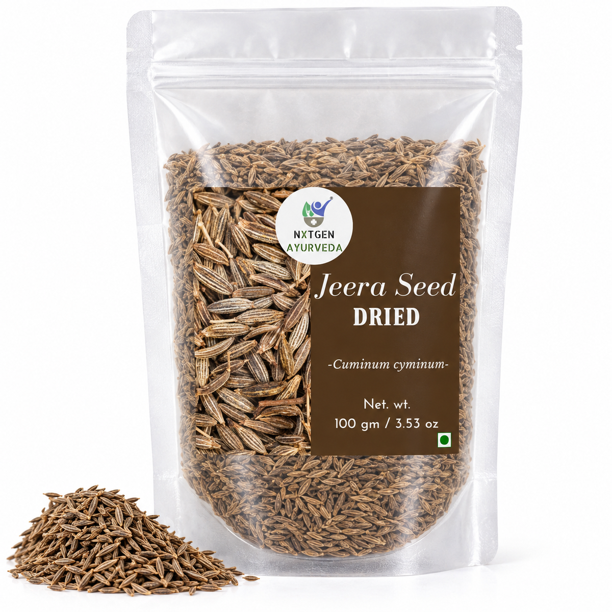Premium Jeera Seeds (Cumin Seeds) in a transparent stand-up pouch with whole aromatic seeds for cooking, seasoning, and traditional culinary use.