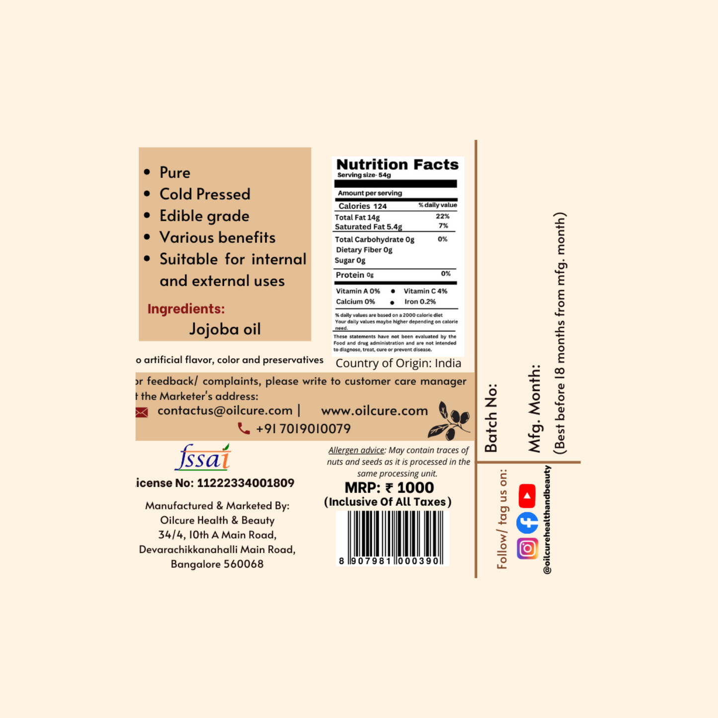 Jojoba Oil Cold Pressed