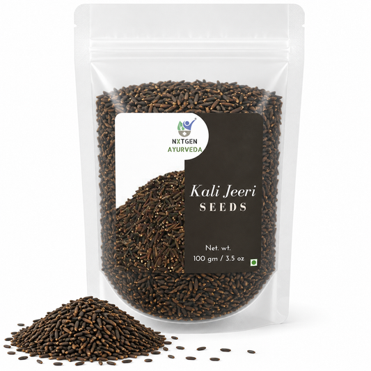 Premium Kali Jeeri 100 gm in a transparent stand-up pouch with natural black cumin seeds for traditional Indian cooking and herbal use.