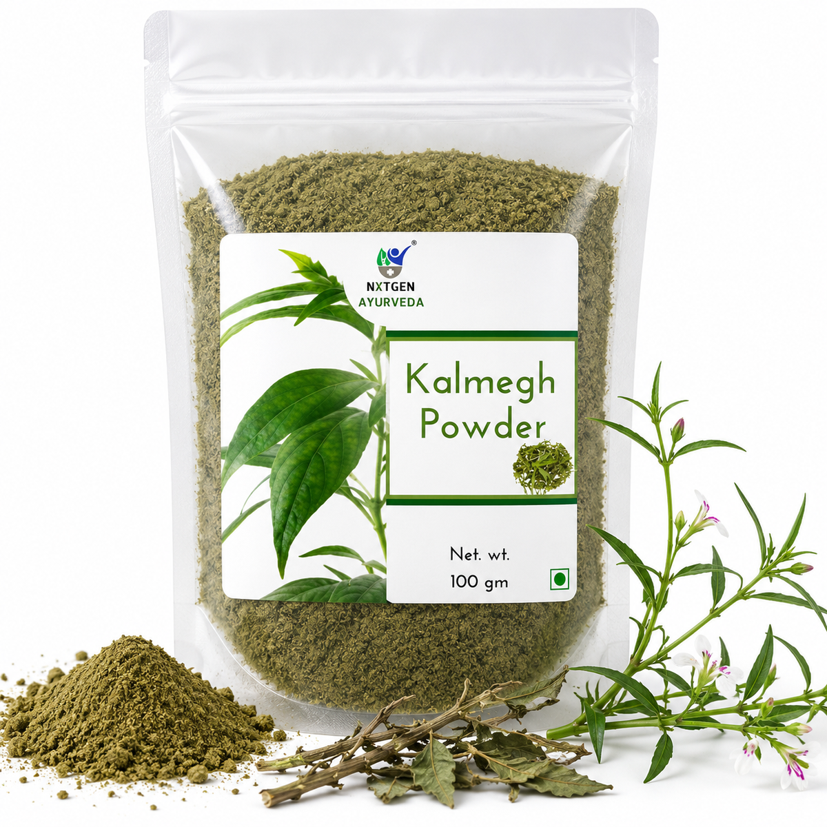Premium Kalmegh Powder in a transparent stand-up pouch with finely ground Andrographis paniculata leaves for traditional Ayurvedic herbal use.