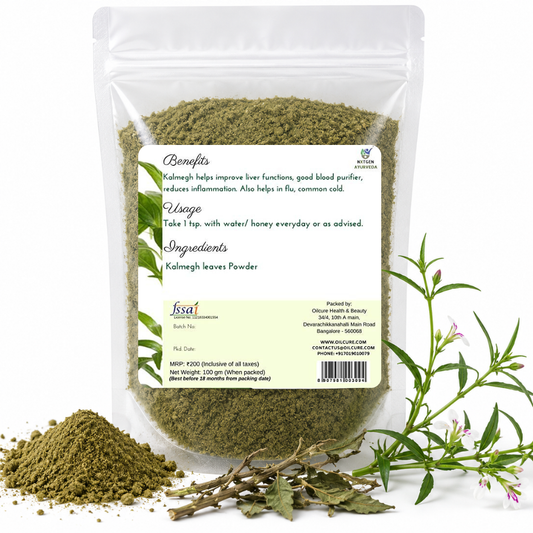 Premium Kalmegh Powder in a transparent stand-up pouch with finely ground Andrographis paniculata leaves for traditional Ayurvedic herbal use.