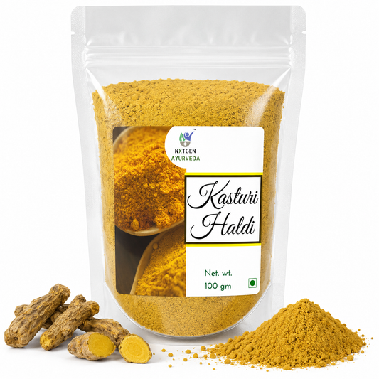 Premium Kasturi Haldi in a transparent stand-up pouch with finely ground aromatic wild turmeric powder for traditional skincare and personal care.