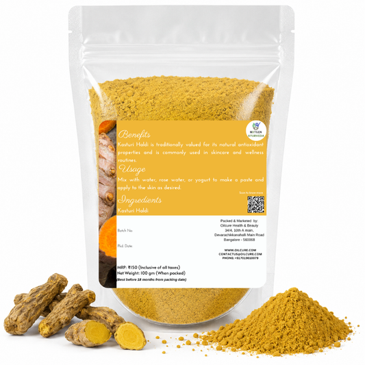 Premium Kasturi Haldi in a transparent stand-up pouch with finely ground aromatic wild turmeric powder for traditional skincare and personal care.