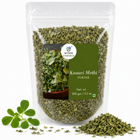 Premium Kasuri Methi in a transparent stand-up pouch with dried fenugreek leaves for authentic Indian cooking, seasoning, and flavoring.