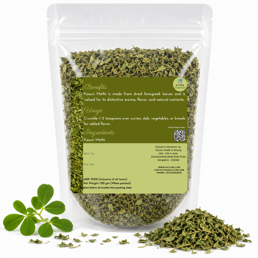 Premium Kasuri Methi in a transparent stand-up pouch with dried fenugreek leaves for authentic Indian cooking, seasoning, and flavoring.