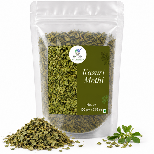 Premium Kasuri Methi (Dried Fenugreek Leaves) in a transparent stand-up pouch with naturally dried green fenugreek leaves for cooking, seasoning, and Indian recipes.