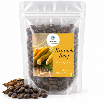 Premium Kaunch Beej in a transparent stand-up pouch with natural whole Kaunch seeds for traditional Ayurvedic and herbal use.
