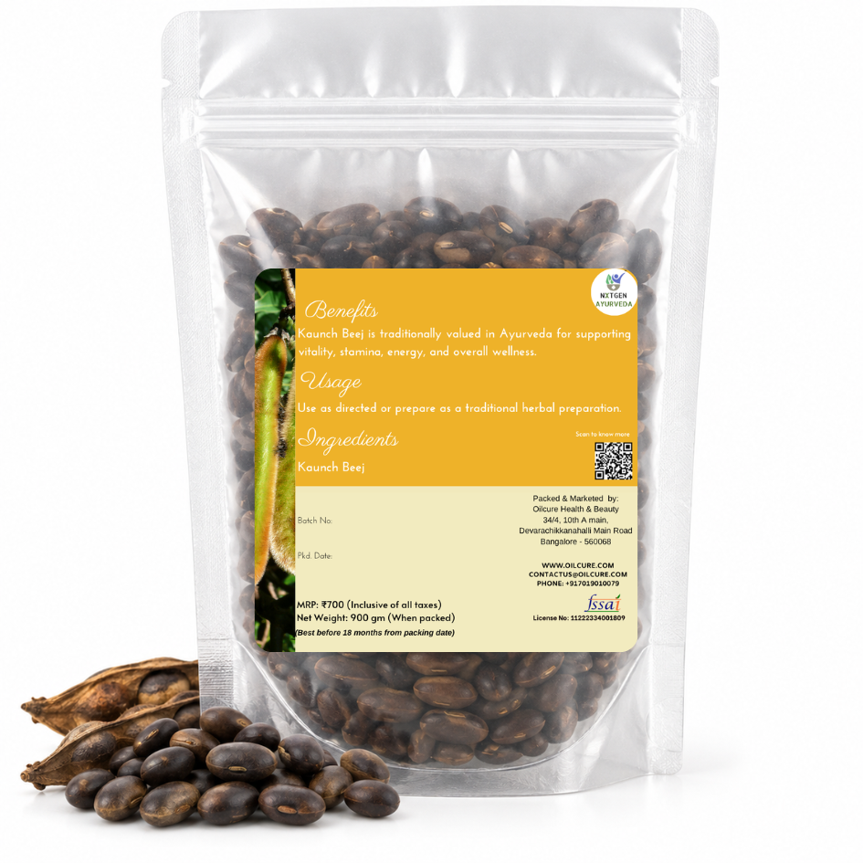 Premium Kaunch Beej in a transparent stand-up pouch with natural whole Kaunch seeds for traditional Ayurvedic and herbal use.