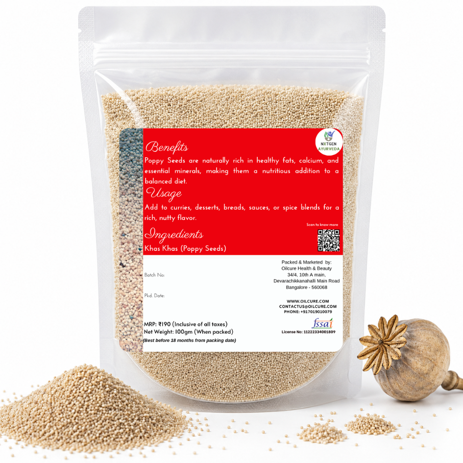 Premium Khas Khas (Poppy Seeds) in a transparent stand-up pouch with natural whole poppy seeds for cooking, baking, desserts, and traditional recipes.