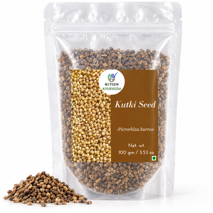 Premium Kutki Seeds in a transparent stand-up pouch with natural whole seeds for traditional Ayurvedic and herbal use