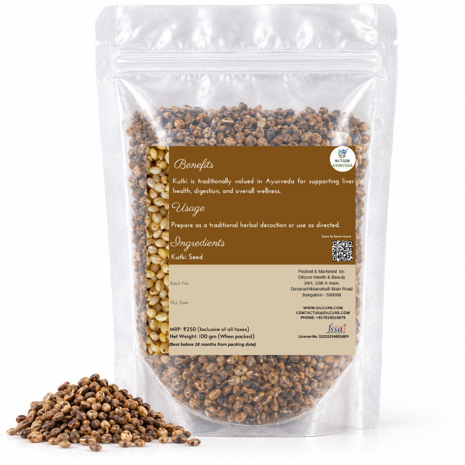 Premium Kutki Seeds in a transparent stand-up pouch with natural whole seeds for traditional Ayurvedic and herbal use