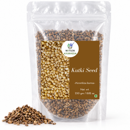 Premium Kutki Seeds in a transparent stand-up pouch with natural whole seeds for traditional Ayurvedic and herbal use