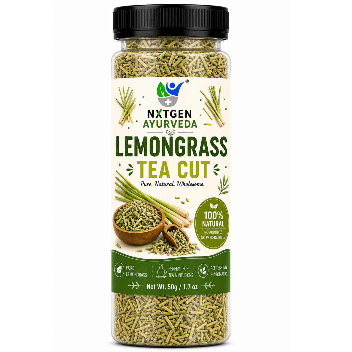 Premium Lemongrass Tea Cut in a transparent stand-up pouch with naturally dried lemongrass pieces for refreshing herbal tea and infusions.