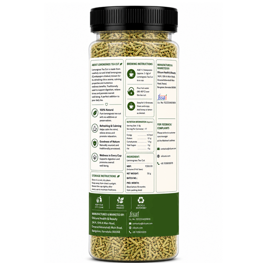Premium Lemongrass Tea Cut in a transparent stand-up pouch with naturally dried lemongrass pieces for refreshing herbal tea and infusions.