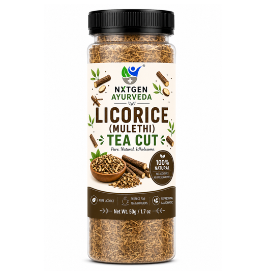Premium Licorice Root Tea Cut in a transparent stand-up pouch with naturally dried licorice root pieces for herbal tea and traditional infusions.
