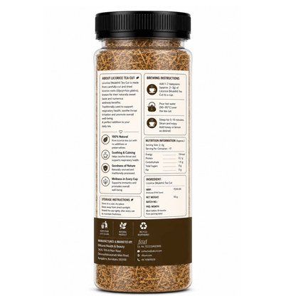 Premium Licorice Root Tea Cut in a transparent stand-up pouch with naturally dried licorice root pieces for herbal tea and traditional infusions.