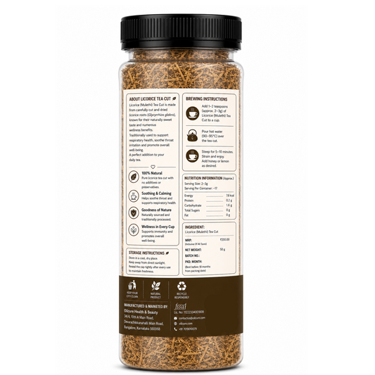 Premium Licorice Root Tea Cut in a transparent stand-up pouch with naturally dried licorice root pieces for herbal tea and traditional infusions.