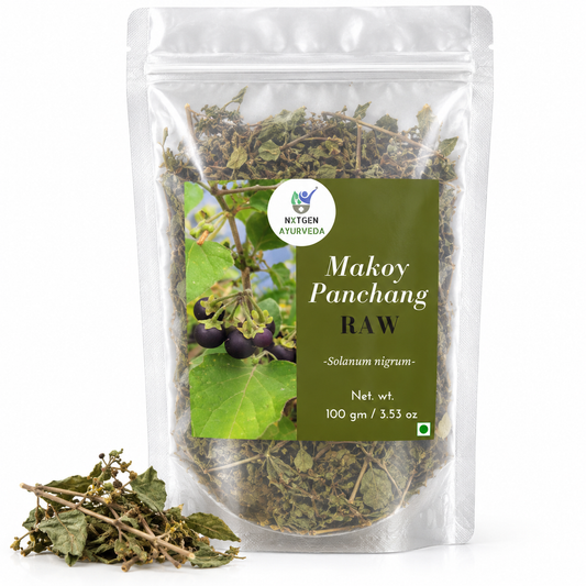 Premium Raw Makoy Panchang in a transparent stand-up pouch with naturally dried whole plant parts for traditional Ayurvedic and herbal use.