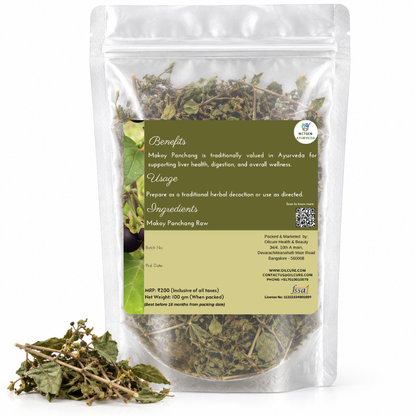 Premium Raw Makoy Panchang in a transparent stand-up pouch with naturally dried whole plant parts for traditional Ayurvedic and herbal use.