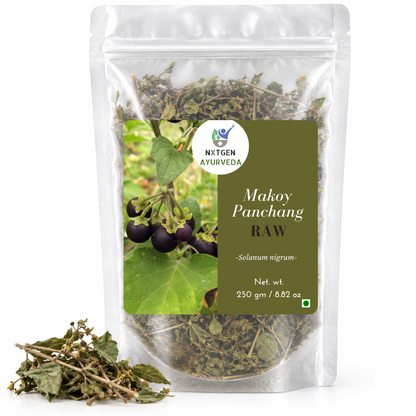 Premium Raw Makoy Panchang in a transparent stand-up pouch with naturally dried whole plant parts for traditional Ayurvedic and herbal use.