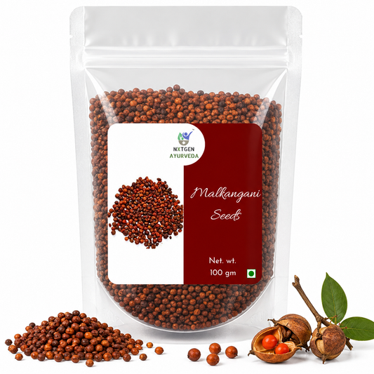 Premium Malkangani Seeds in a transparent stand-up pouch with natural Celastrus paniculatus seeds for traditional Ayurvedic herbal use.