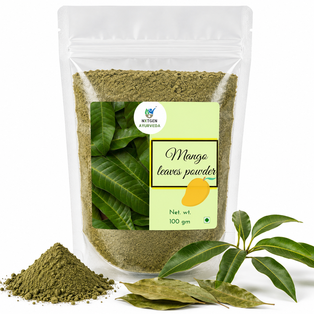 Premium Mango Leaves Powder in a transparent stand-up pouch with finely ground dried mango leaves for traditional herbal and wellness use.
