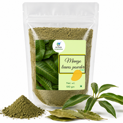 Premium Mango Leaves Powder in a transparent stand-up pouch with finely ground dried mango leaves for traditional herbal and wellness use.