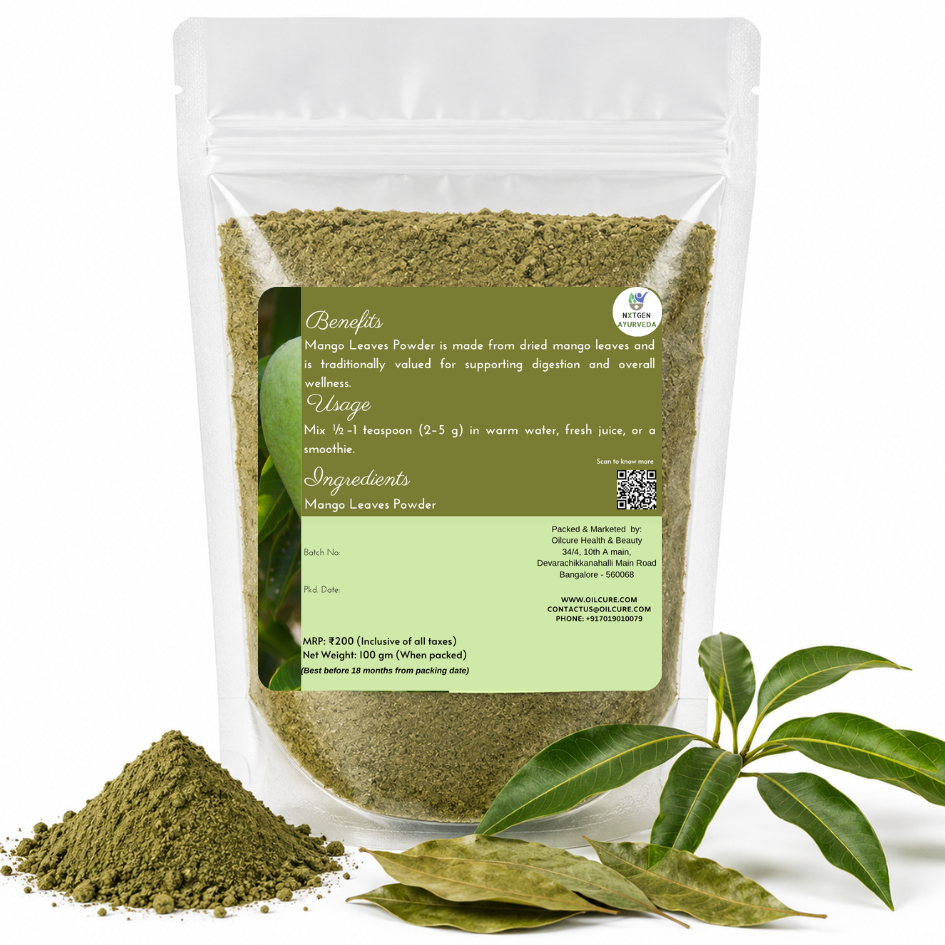 Premium Mango Leaves Powder in a transparent stand-up pouch with finely ground dried mango leaves for traditional herbal and wellness use.