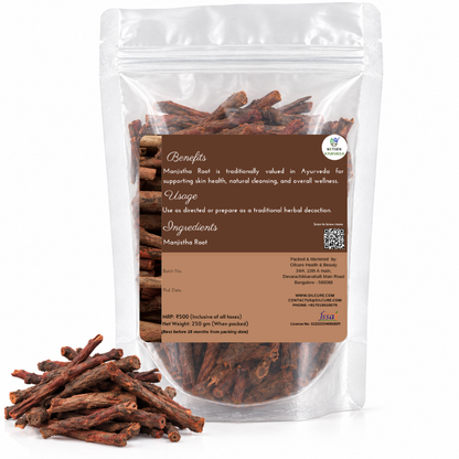 Premium Manjistha Root in a transparent stand-up pouch with naturally dried Manjistha roots for traditional Ayurvedic and herbal use.