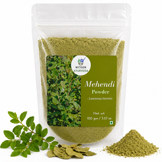 Premium Mehendi Powder in a transparent stand-up pouch with finely ground natural henna leaf powder for hair care, scalp care, and natural coloring.
