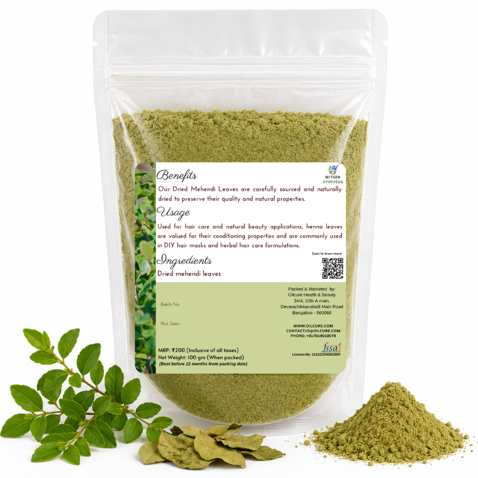 Premium Mehendi Powder in a transparent stand-up pouch with finely ground natural henna leaf powder for hair care, scalp care, and natural coloring.