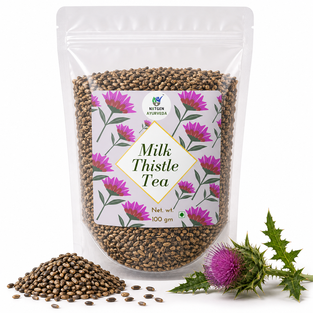 Premium Milk Thistle Tea in a transparent stand-up pouch with dried milk thistle herb for a soothing herbal tea and wellness beverage.