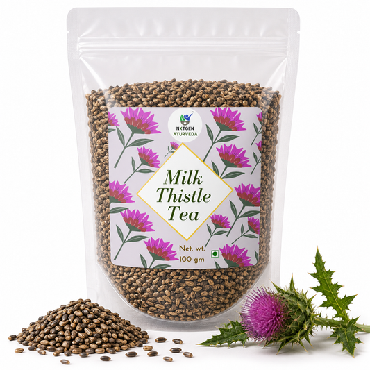 Premium Milk Thistle Tea in a transparent stand-up pouch with dried milk thistle herb for a soothing herbal tea and wellness beverage.