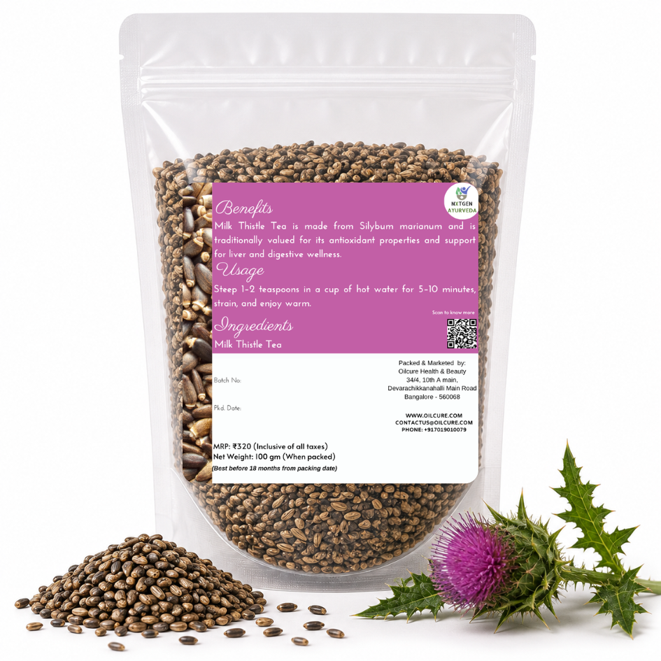 Premium Milk Thistle Tea in a transparent stand-up pouch with dried milk thistle herb for a soothing herbal tea and wellness beverage.