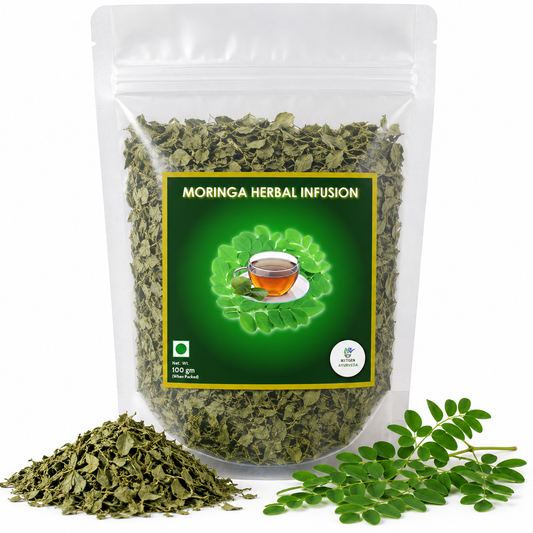 Premium Moringa Herbal Infusion in a transparent stand-up pouch with dried moringa leaves for a refreshing herbal tea and wellness beverage.
