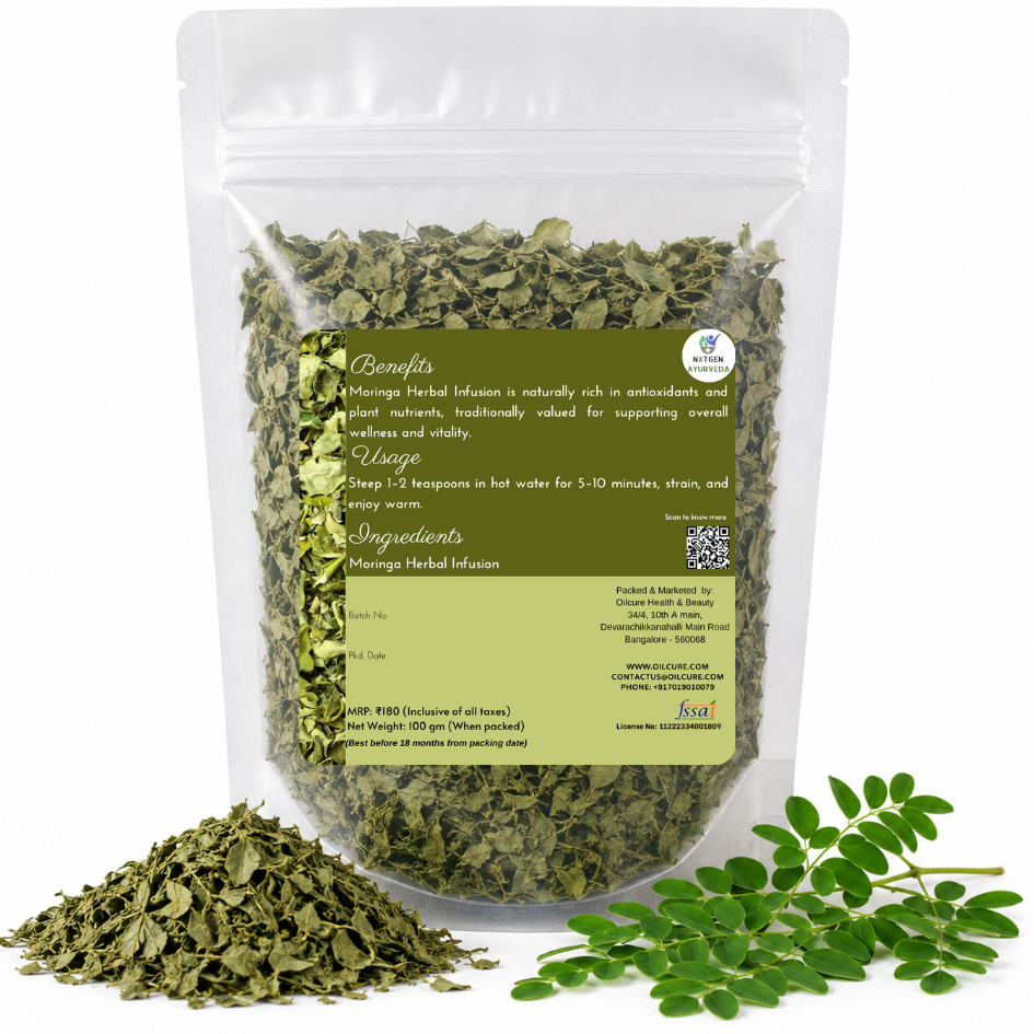 Premium Moringa Herbal Infusion in a transparent stand-up pouch with dried moringa leaves for a refreshing herbal tea and wellness beverage.