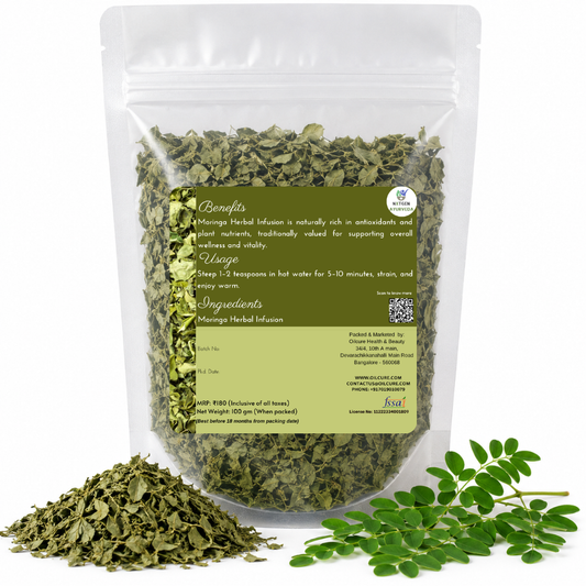 Premium Moringa Herbal Infusion in a transparent stand-up pouch with dried moringa leaves for a refreshing herbal tea and wellness beverage.