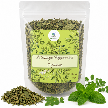 Premium Moringa Peppermint Infusion in a transparent stand-up pouch with dried moringa leaves and peppermint for a refreshing herbal tea.