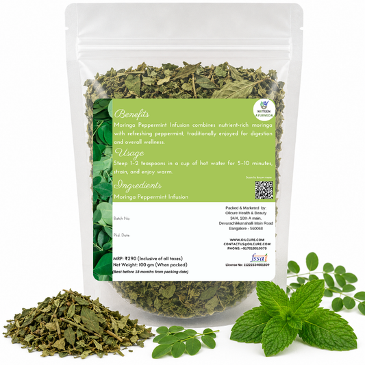 Premium Moringa Peppermint Infusion in a transparent stand-up pouch with dried moringa leaves and peppermint for a refreshing herbal tea.