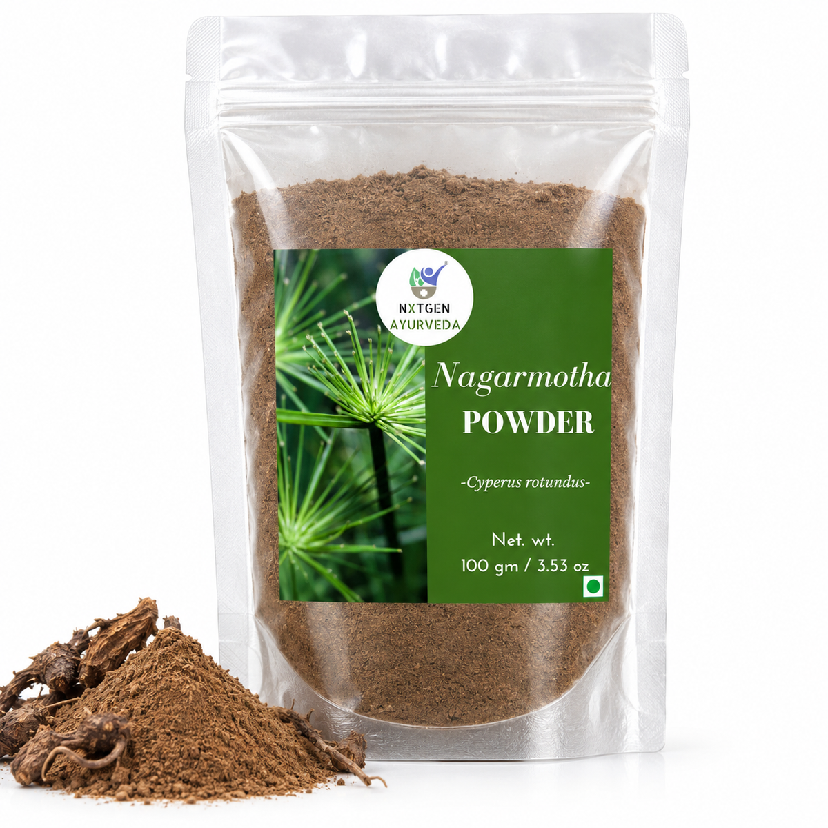 Premium Nagarmotha Powder in a transparent stand-up pouch with finely ground Cyperus rotundus root powder for traditional Ayurvedic and herbal use.
